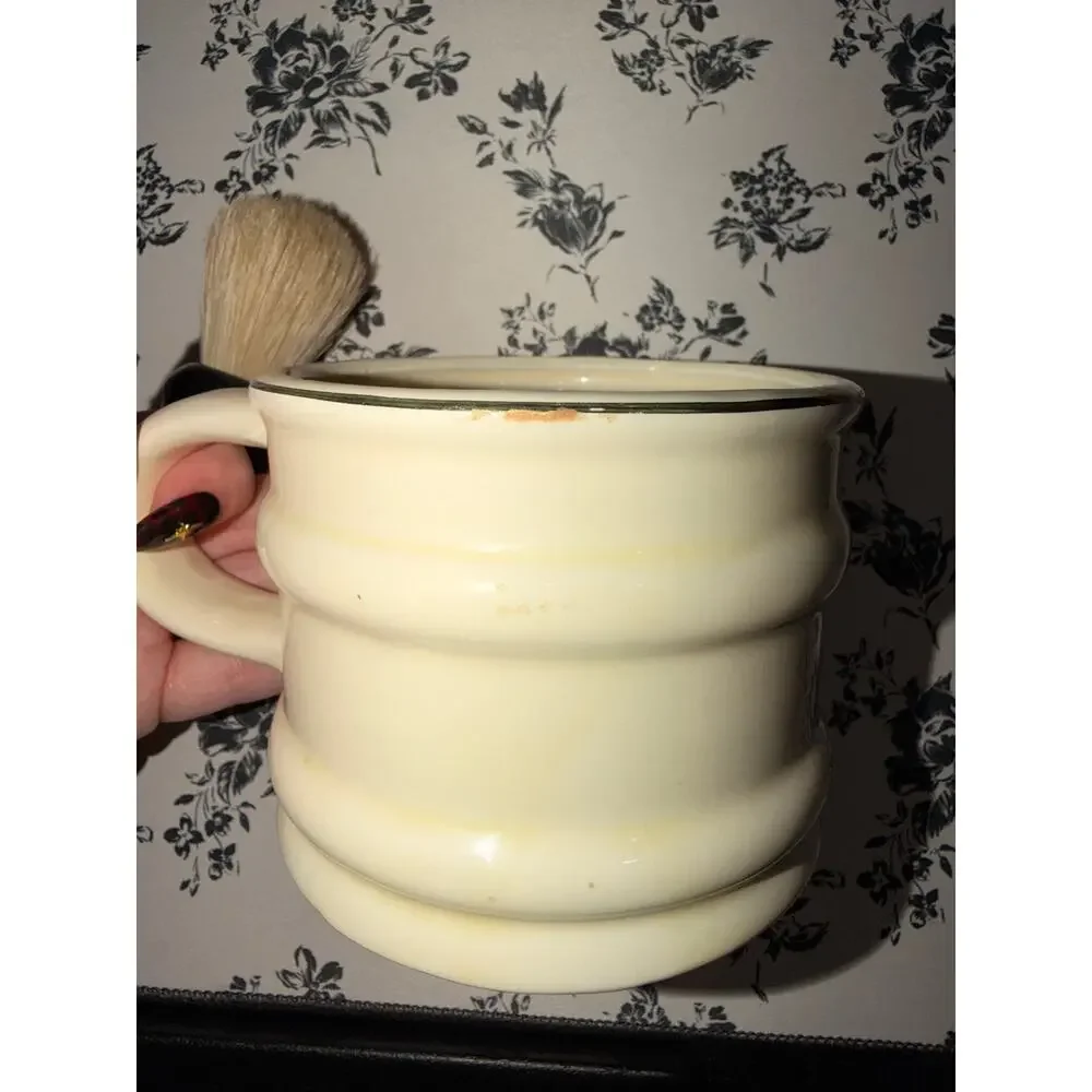 Vintage Barber's Saloon Shaving Mug & Brush Set Ceramic Gold Rim Wood Handle